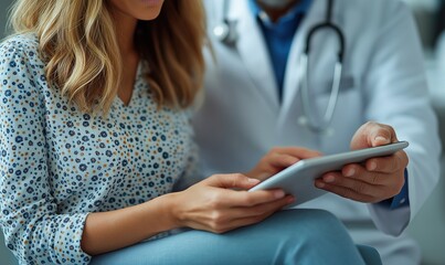 Fototapeta premium Clinic, tablet and hands of doctor with patient for consulting, medical service and help in hospital. Healthcare, telehealth and people on digital tech for diagnosis, online results and insurance