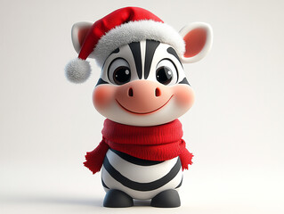 A cute cartoon zebra wearing a Santa hat smiles at the camera.