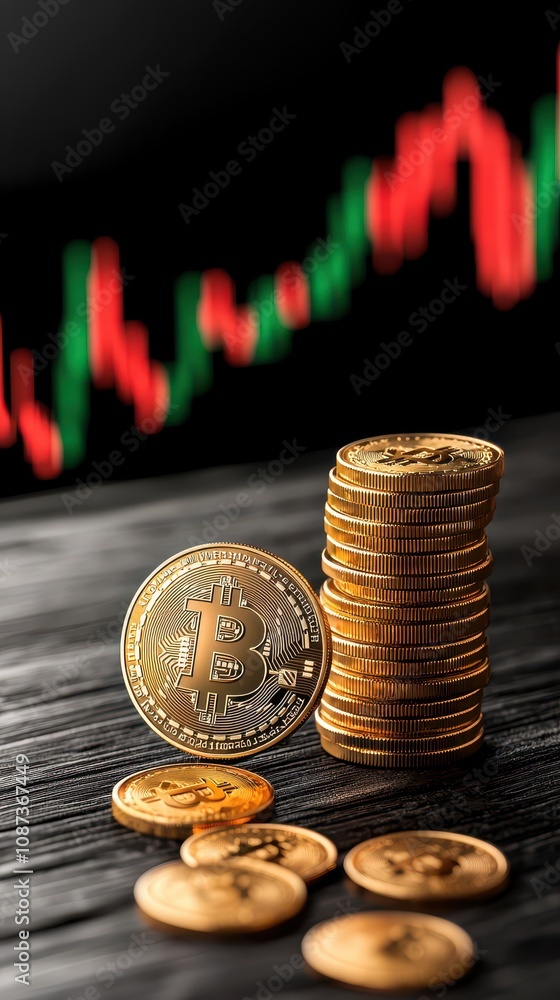 Poster crypto blockchain market forecasting concept. a stack of gold coins and a single bitcoin sit on a wo