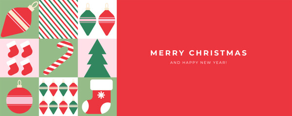 Merry Christmas and Happy New Year greeting banner, holiday cover, poster. Modern Xmas design in geometric style. Design templates for ads, sales, print, season greetings © Svitla
