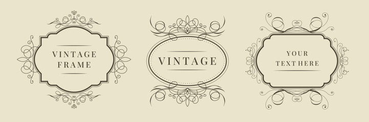 Vintage calligraphic decorative frames set. Elegant retro ornamental borders, floral ornaments. Vector template