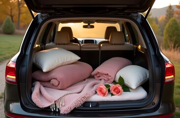 An open car trunk packed for a romantic trip, parked in a scenic location