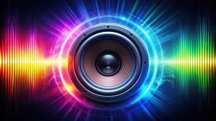 A single speaker with a bright, colorful halo of light surrounded by a vibrant rainbow spectrum of sound waves.