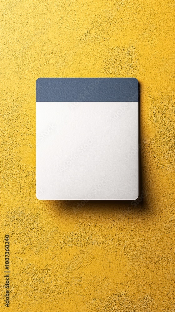 Poster a minimalistic notepad with a gray top on a vibrant yellow surface, showcasing simplicity and modern