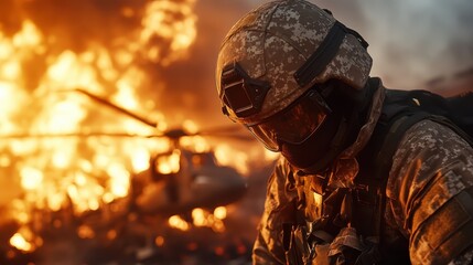 A soldier in full gear stands boldly amid burning wreckage, emphasizing bravery and resilience against a backdrop of fiery chaos. Dramatic and intense setting.