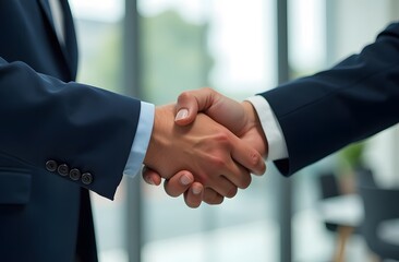 A close-up  a firm handshake between two businesspeople, in a professional setting with a blurred office background