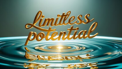 Golden "Limitless Potential" text floats above calm teal water with ripples, reflecting light and creating a serene, motivational image.