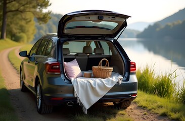 An open car trunk packed for a romantic trip, parked in a scenic location