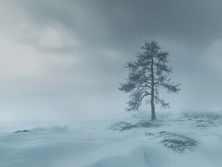 A single tree in a snowstorm under grey skies, capturing nature’s raw strength, solitude, and winter’s atmospheric beauty.
