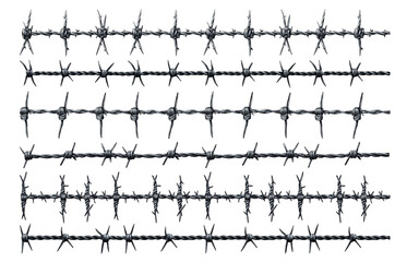 barbed wire set. metal spikes, fence prison jail border confinement pointed fencing vector illustration