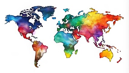 A watercolor world map with continents outlined in negative space, showcasing a vibrant and abstract representation of the earth.