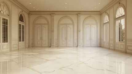 Fototapeta premium Elegant, spacious interior featuring marble flooring and arched windows for a refined ambiance.
