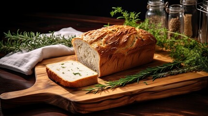 Freshly baked loaf of bread with a sprig of rosemary on a wooden cutting board