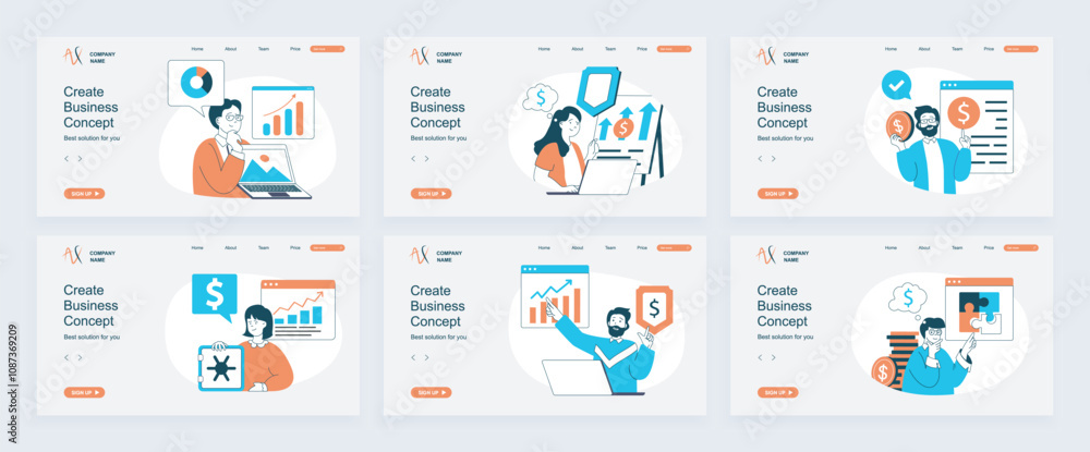 Poster business concept of landing page with slide templates set in flat design. website headers with peopl