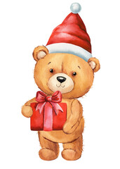 Teddy bear in Santa hat and red gift box, festive watercolor. Hand-painted toy baby bear illustration isolated on white