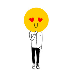 Young man holding large faces emoji instead of heads. Big round colorful heads with different facial expressions. Man showing like and love. Heart emoji set. Social media emojis.
