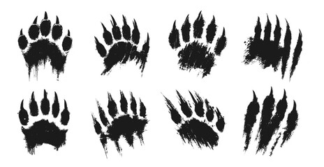 bear paw prints grunge. wild animal claw paw print set, scratch damage attack dangerous black monochrome rough dirty trace vector illustration