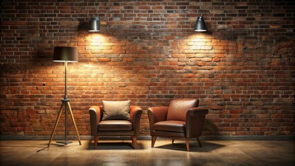 A rustic interior design with two leather armchairs positioned in front of a brick wall lit by overhead lamps and a floor lamp
