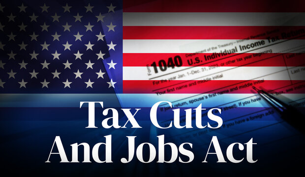 Tax Cuts and Jobs Act Background Design with American flag Waving Typography along with form in the backdrop. USA 2017 act backdrop design