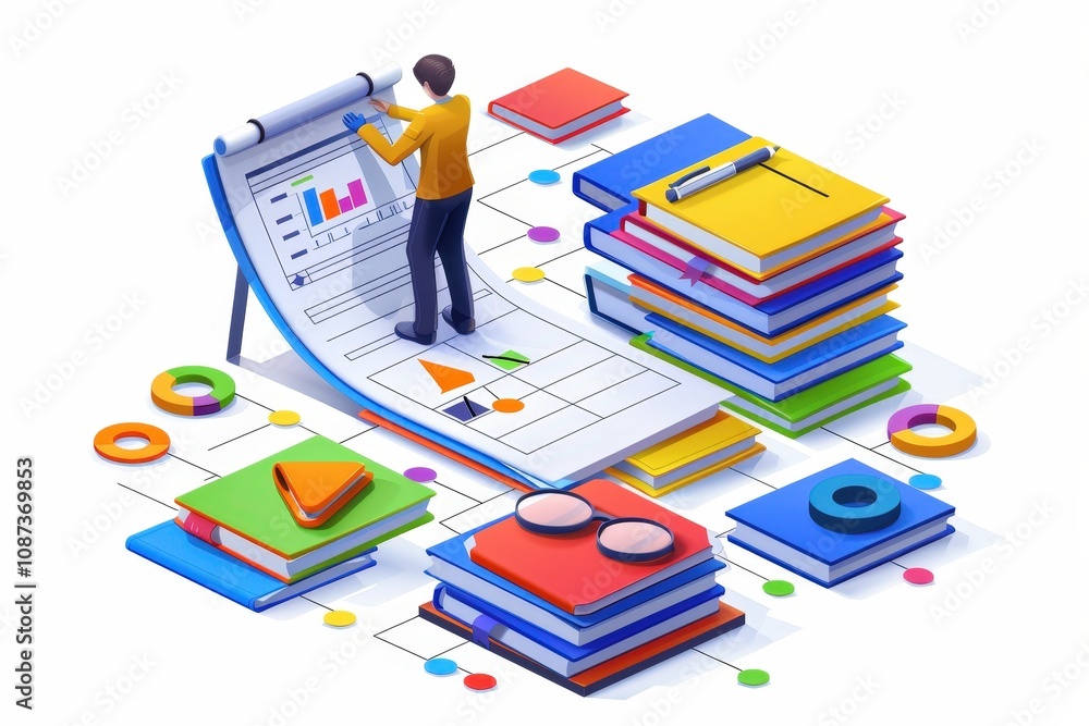 Poster a person analyzes data on a chart surrounded by colorful books and geometric shapes, symbolizing edu