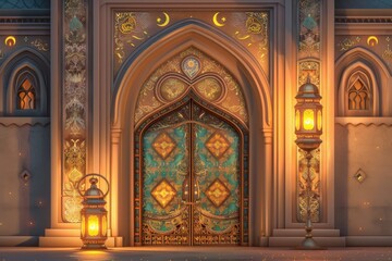 Ornate Door Opens with Lanterns Glowing Warmly at Sunset