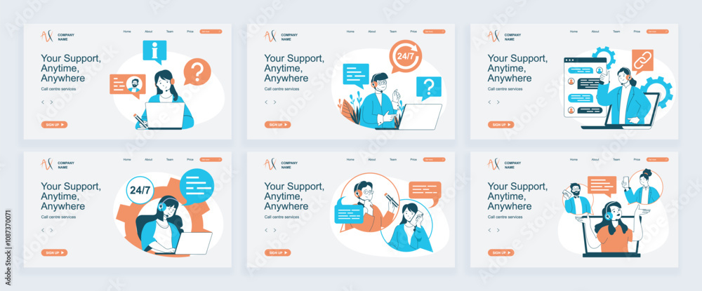 Poster call center concept of landing page with slide templates set in flat design. website headers with pe