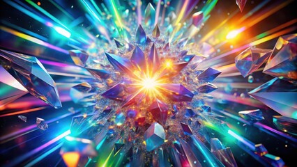 A dazzling explosion of iridescent crystal shards radiating light and energy from a central point of intense brilliance