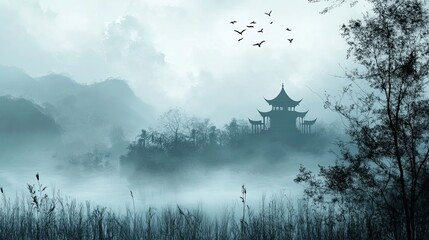 A Silhouetted Pagoda in a Misty Forest Landscape