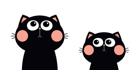 Two peeking cat face head silhouette looking up. Pink ears. Big eyes. Cartoon character set. Cute kawaii black kitten baby pet animal. Greeting card. Sticker print. Flat design White background Vector