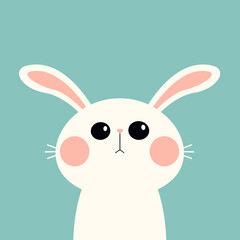 Cute white rabbit bunny silhouette icon. Long ears. Funny face head. Big pink cheeks. Kawaii cartoon baby character. Happy Easter. Valentines Day. Greeting card. Blue background. Flat design. Vector