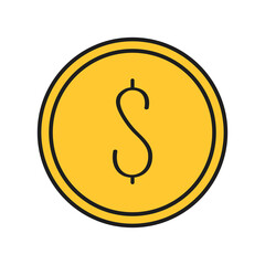 Obraz premium Gold coin with US dollar currency sign. Money simple icon. Business finance concept. Money symbol. American currency. Money savings. Simple flat design. White background. Isolated. Vector illustration