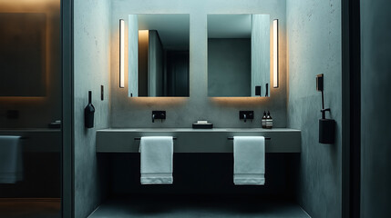 Modern minimalist bathroom with two mirrors and wall-mounted lighting above a dual sink vanity, featuring black fixtures and white towels in a neutral color palette.
