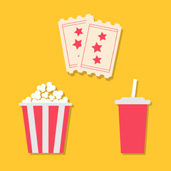 Movie Cinema icon sign symbol set. Popcorn box package. Soda drink. Ticket Admit one. Three star. Food and drink. Banner Invitation template. Flat design. Isolated. Yellow background. Vector