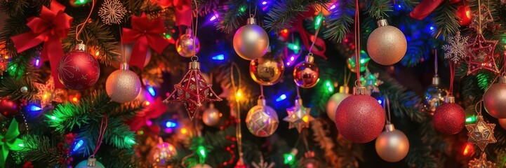 Fototapeta premium Vibrant and colorful Christmas decorations with festive lights and ornaments, festive, cheerful