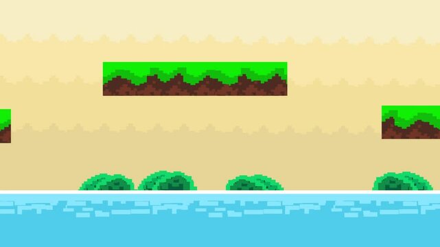 16-bit old style game animation of a scenery water with platforms, forest, pixel.