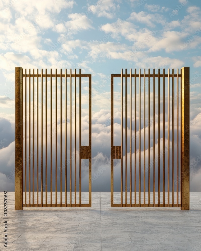 Poster a pair of golden gates stands open against a backdrop of clouds and a blue sky, suggesting a transit