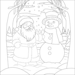 Father Frost, Santa Claus with a snowman in a snowy forest