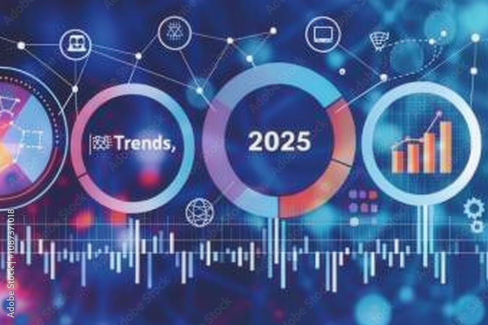 Poster a digital graphic illustrating trends and projections for 2025, featuring data visuals, graphs, and 