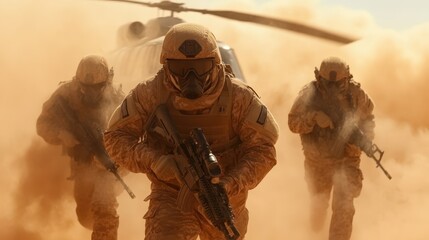 Three heavily armed soldiers move steadily across a dusty desert field, each holding rifles, as a helicopter provides air support and raises a cloud of dust.