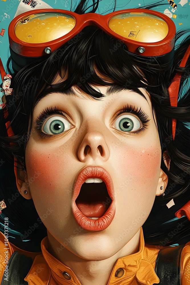 Poster Retro pop art styled digital of a woman with a spectrum of exaggerated cartoonish facial expressions and reactions in a vibrant high contrast color scheme with a playful