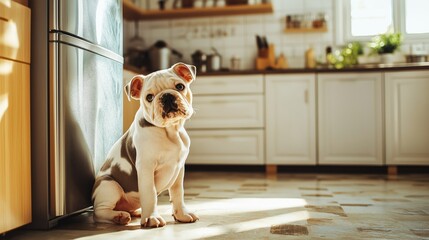 Cute English bulldog puppy begging for food in kitchen