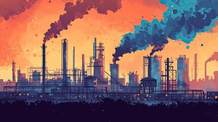 Industrial Complex at Sunset with Smoky Emissions