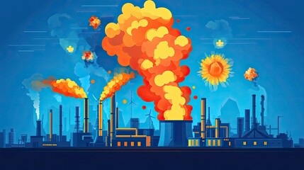 Obraz premium Industrial Complex Emitting Smoke Against a Blue Sky with Sunflowers