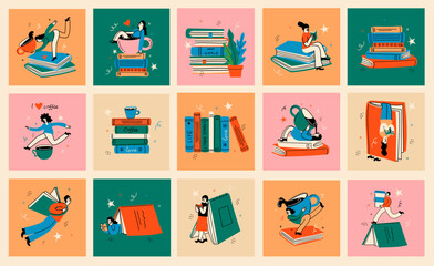 Book concepts set. Happy readers reading books and flying, laying , sitting everywhere. Flat trendy retro vector illustrations isolated on white background