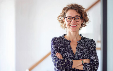 Confident Smiling Woman in Glasses Standing Indoors, in a brightness home or office