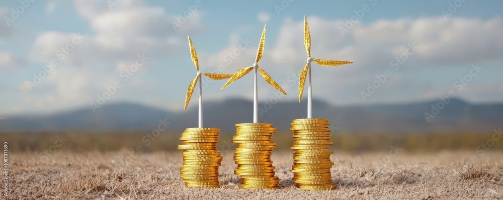 Poster a dynamic scene featuring golden coins stacked to form wind turbines against a backdrop of mountains