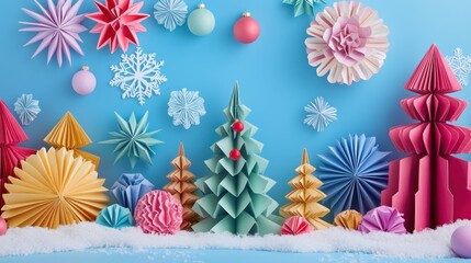 A creative origami Christmas scene showcasing colorful paper-folded decorations, including trees, ornaments, and snowflakes for a whimsical touch