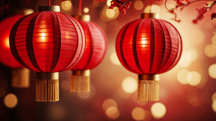 Traditional festive Chinese lanterns with a bokeh effect in deep red tones for Lunar (Chinese) New Year