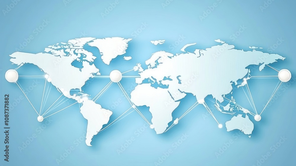 Poster a stylized world map with connecting lines, representing global communication and networks.