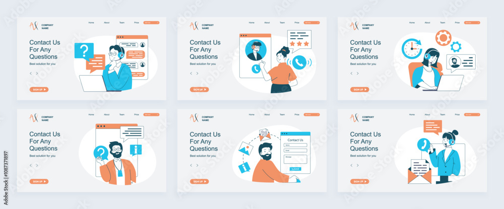 Leinwandbilder contact us concept of landing page with slide templates set in flat design. website headers with peo